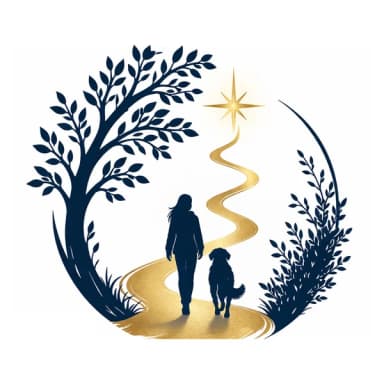 Seelenfährte-Emblem: Frau und Hund auf einem goldenen Weg zu einem leuchtenden Stern